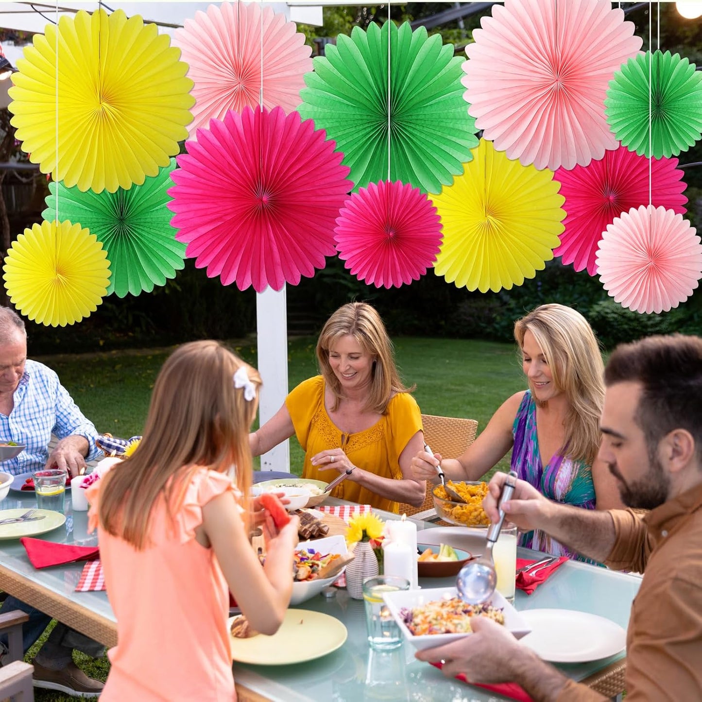 24 Pcs Colorful Paper Fans Party Hanging Decorations Rainbow Classroom Wall Decor Pink Green Rose Red Yellow Background Ceiling Decor for Birthday Wedding Baby Bridal Shower Engagement