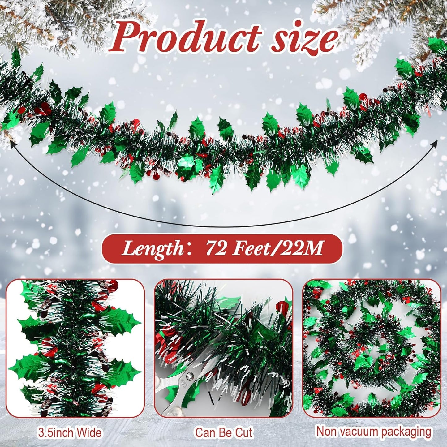 72 Feet Christmas Tinsel Garland Shiny Metallic Tinsel Twist Garland Streamers Ornaments Long Glitter Christmas Tree Hanging Decorations for Party Holiday Wedding Birthday Tree (Dark Green White)