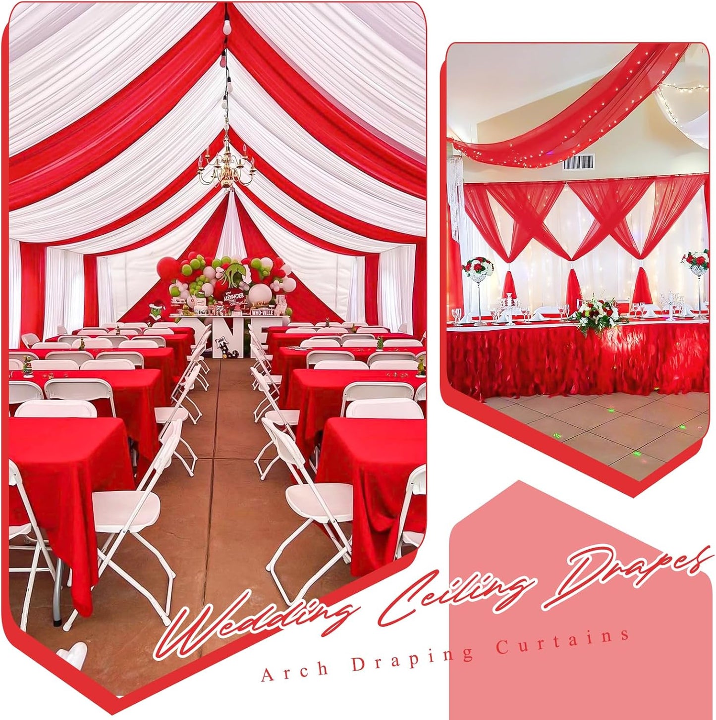6 Panels Red Ceiling Drapes for Wedding 5ftx10ft Chiffon Fabric Arch Draping Curtains Sheer Drapery for Party Ceremony Birthday Baby Shower Reception Stage Swag Ceiling Decorations