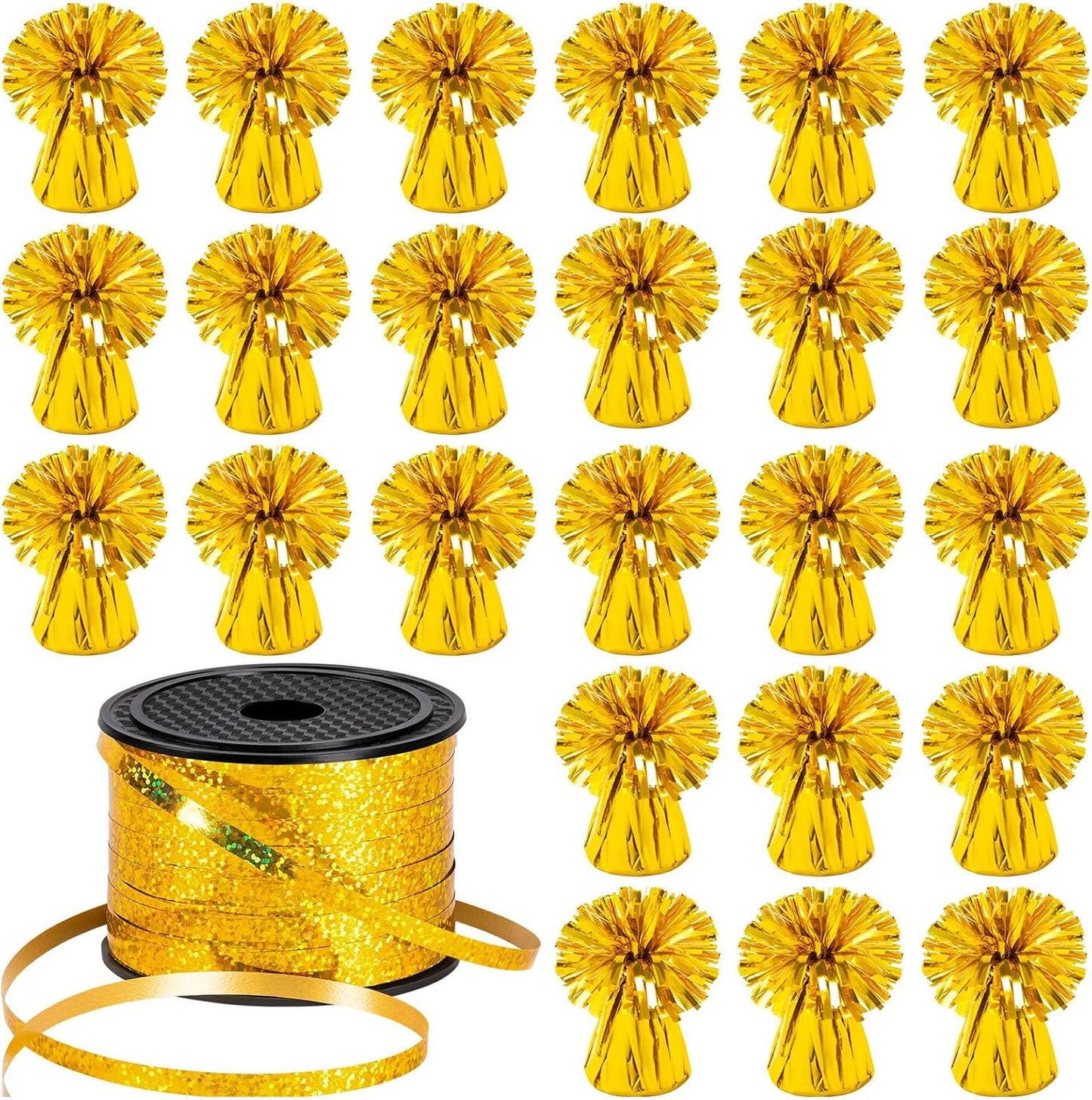 24 PCS Balloon Weights Metallic Anchor, Balloon Holder Heavy Weights with and 1 Roll Iridescent Crimped Ribbon for Balloons Table Party Favor Birthday Decor(Gold)