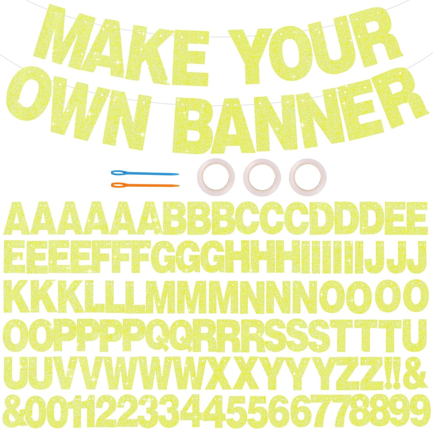 BEISHIDA 116 PCS Glitter Color Yellow DIY Letter Banner Kit Make Your Own Banner，Including 111 Letters and Numbers 3 Rope and 8 Threading Device,Customized for Birthday Graduation Wedding Party Decor