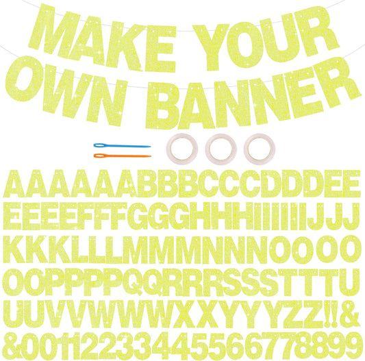 BEISHIDA 116 PCS Glitter Color Yellow DIY Letter Banner Kit Make Your Own Banner，Including 111 Letters and Numbers 3 Rope and 8 Threading Device,Customized for Birthday Graduation Wedding Party Decor
