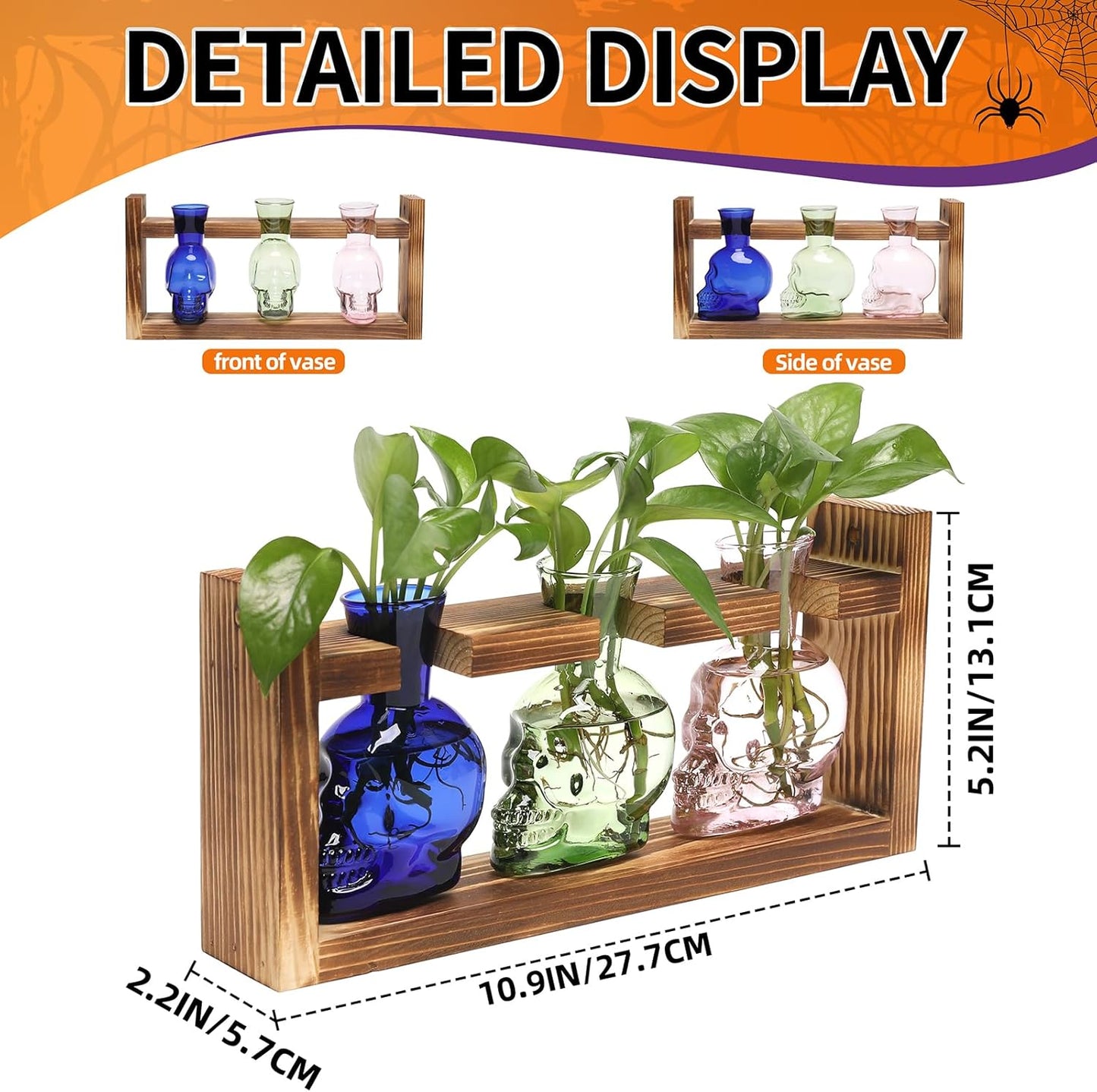 Plant Terrarium Propagation Stations Hydroponics Halloween Skull Planter Vase Skulls Decor with Wooden Stand Gift for Father