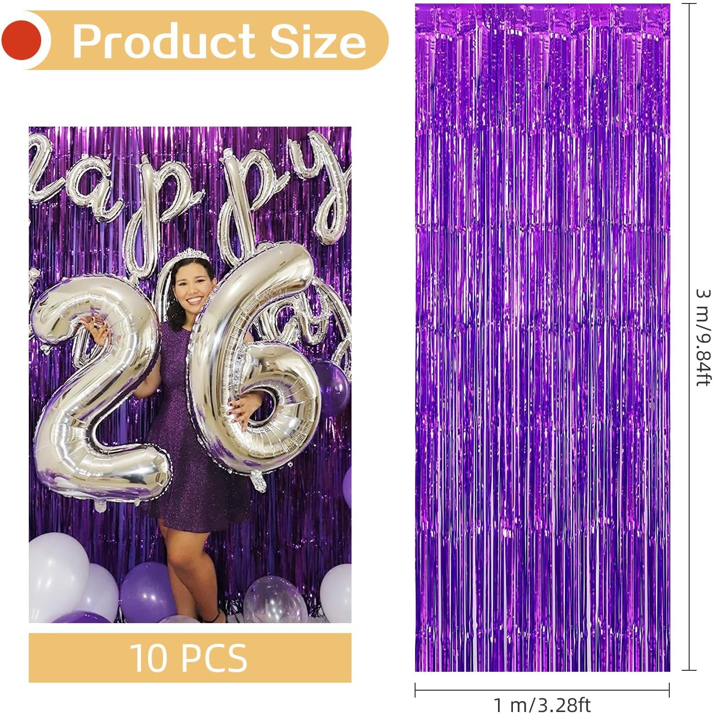 10 Pack Purple Foil Curtain Backdrop 3.2ft x 9.8ft Black Metallic Tinsel Foil Fringe Curtains Streamer Photo Booth Backdrop for Birthday Party Engagement Bachelorette Party Decorations (Purple)