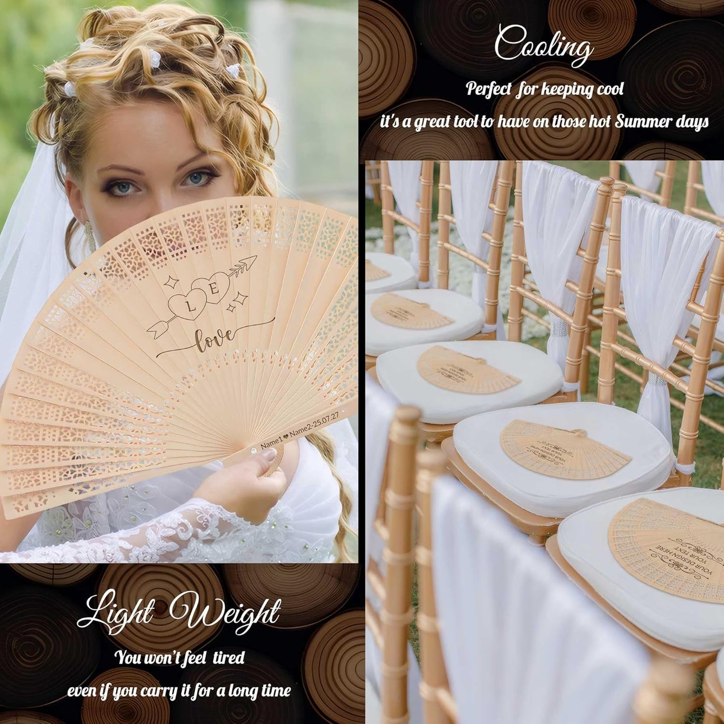100 PCS Custom Fans Personalized Folding Fans for Line Dancing Wooden Hand Fan Wedding Favors Bulk Fans for Guests Party Event Use (Style05)