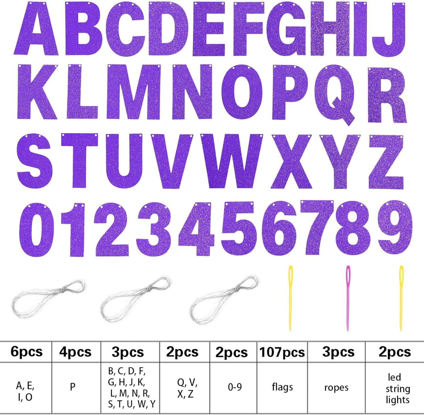 TaoBary 112 Pcs DIY Letter Kit Glitter Customizable Banner Letters Include 107 Letters and Numbers 3 Rope and 2 Needles for Birthday Halloween Christmas Wedding Valentine Party Decor(Purple)