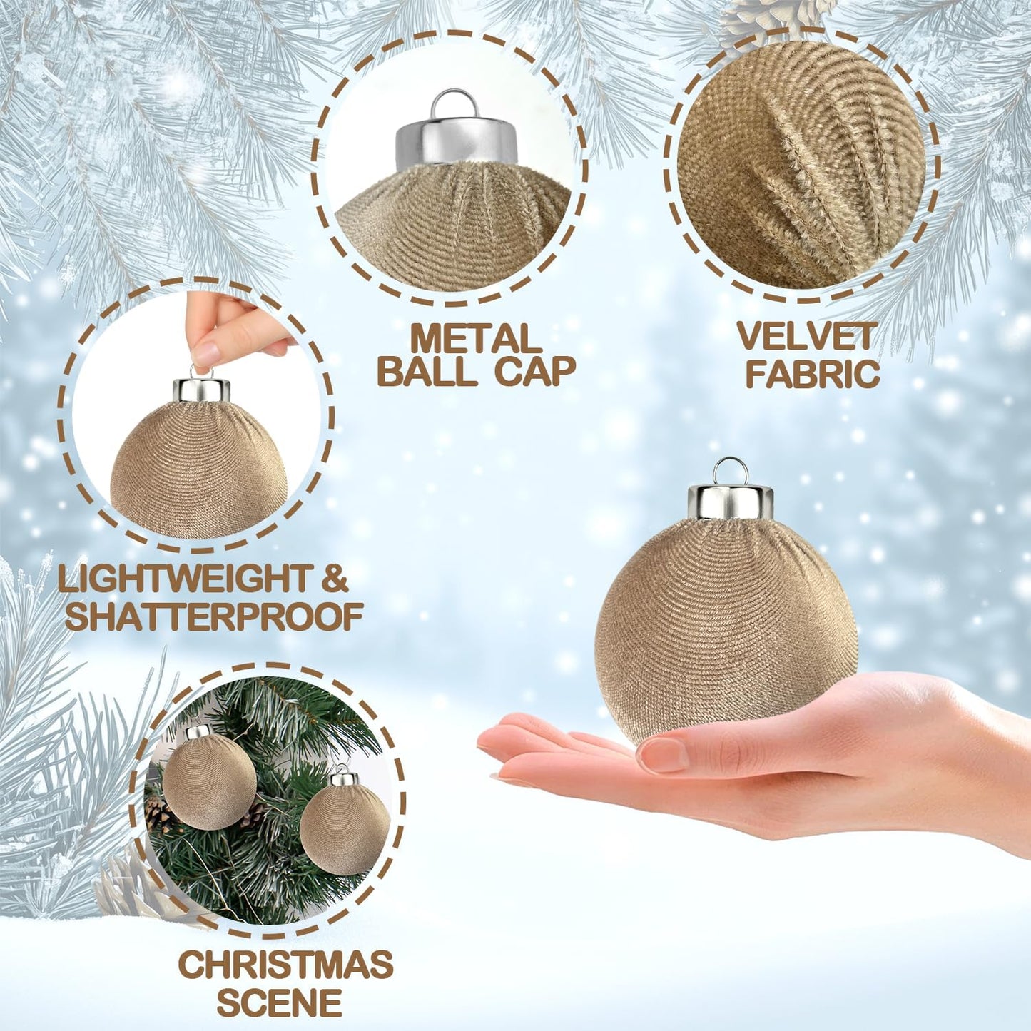 Brown Velvet Christmas Ornaments for Tree 15 PCS, Big Neutral Flocked Christmas Balls Ornaments Set, Shatterproof Earth Tone Xmas Hanging Decor for Holiday (Light Brown, 3.15 Inch)