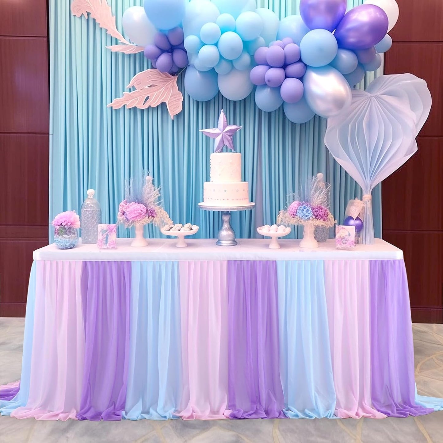 6ft Pink Blue Purple Tulle Table Skirts for Mermaid Baby Shower Birthday Party Wedding Pastel Tutu Table Cloth Cover for Rectangle Tables or Round Tables