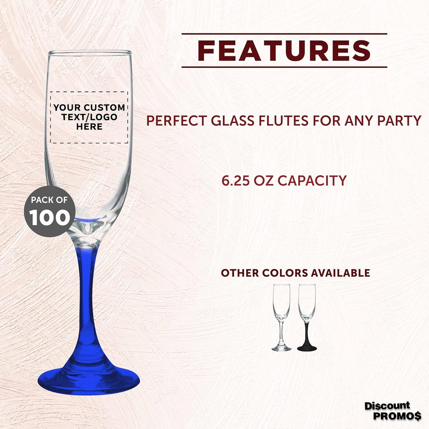 DISCOUNT PROMOS Custom Premiere Champagne Flutes 6.25 oz. Set of 100, Personalized Bulk Pack - Elegant Drinkware for Weddings, Events, & Promotional Gifts - Blue