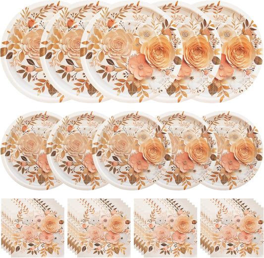 Boho Fall Plates and Napkins Sets, Floral Paper Plates Supplies Serves 50 for Boho Birthday Party Decorations,150PCS