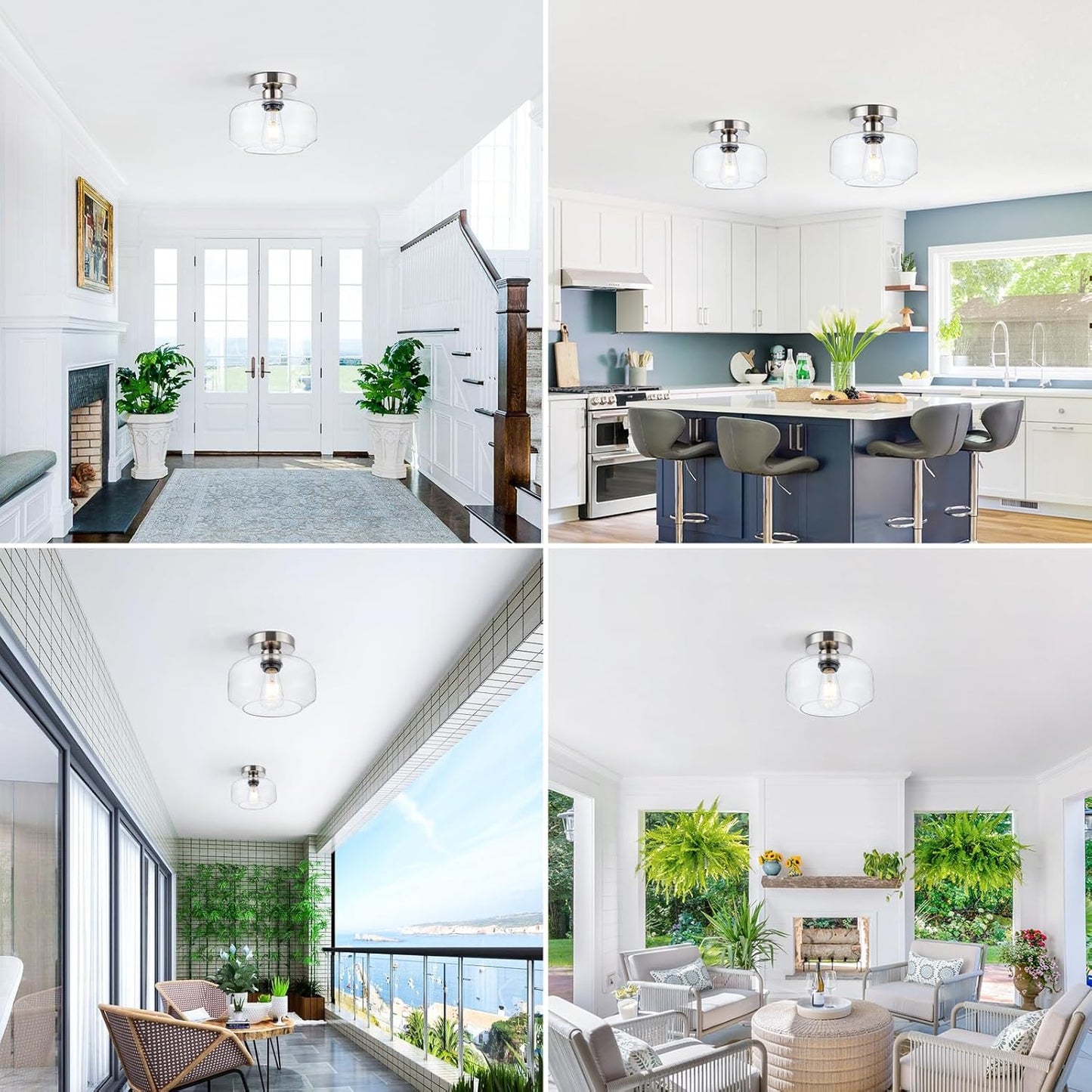 Semi Flush Mount Ceiling Light Fixture - Clear Glass & Brushed Nickel Base with 900 Lumen LED - Modern Kitchen Lighting Fixtures for Bathroom Hallway Entryway