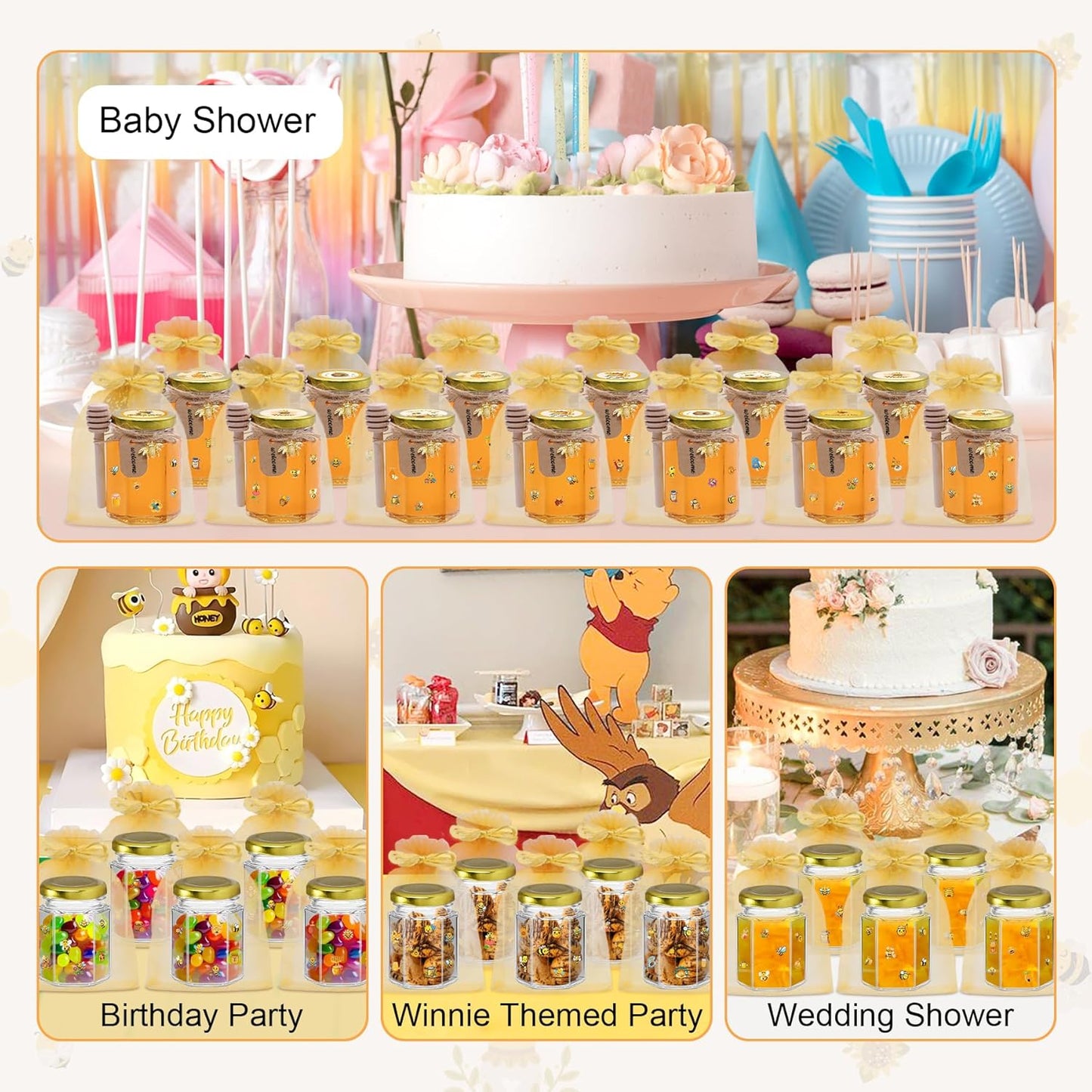 35 Pack 4 oz Mini Hexagon Glass Honey Jars with Dippers, Gold Lids, Bee Stickers, Bee Charms, Gift Bags & Jute– Empty Small Honey Jars for Party Favors Bulk, Ideal for Baby Showers ＆ Weddings