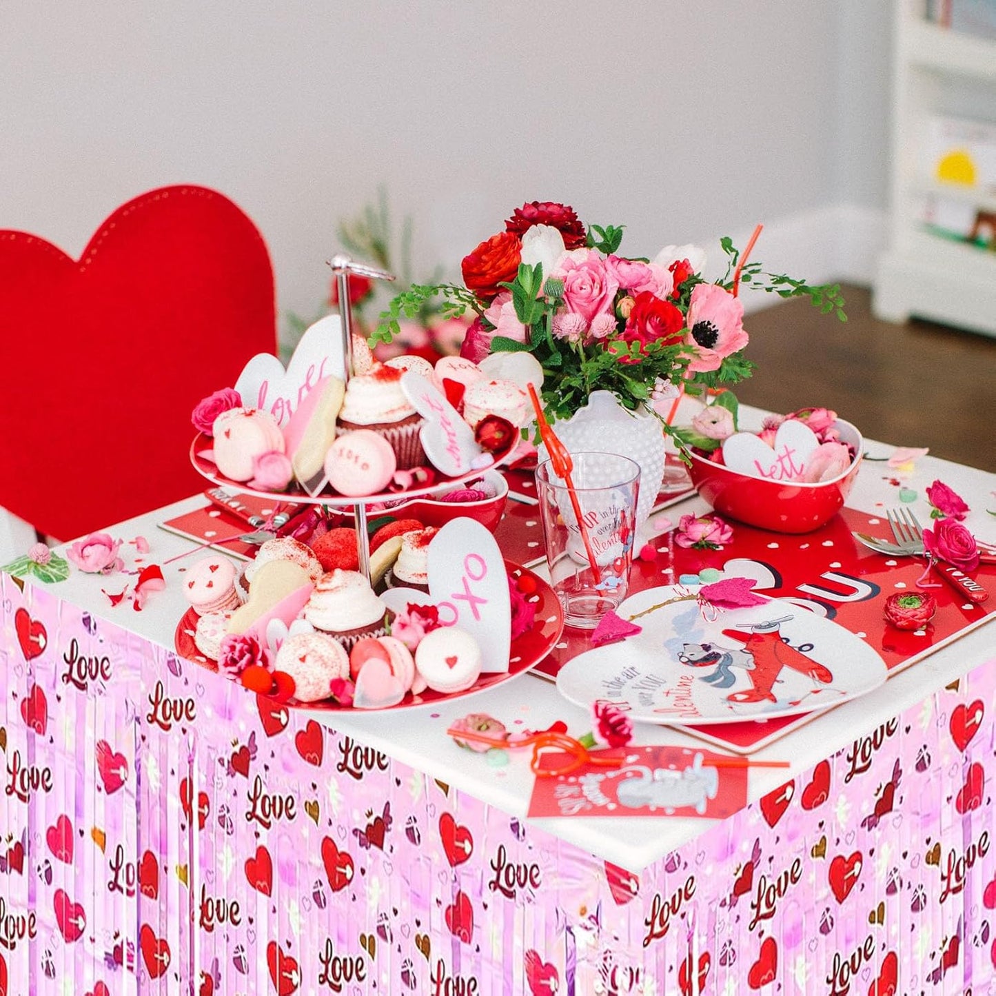 6 Pack 29x108 Inch Love Pink Wave Foil Fringe Table Skirts Metallic Banner for Tinsel Streamer Garland Backdrop for Parade Floats Wedding Mother's Day, Birthday Mardi Gras Party Decorations