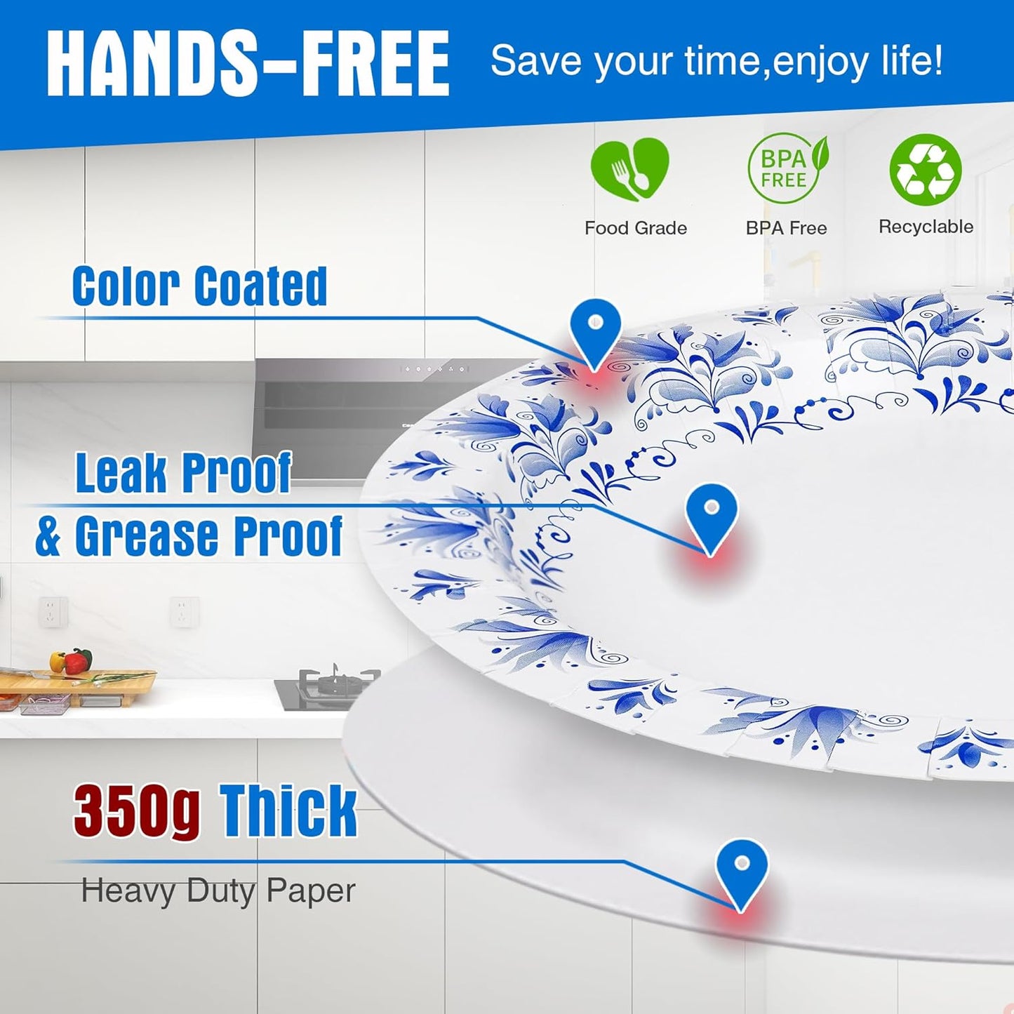 Charmount Blue Flower Printed Paper Plates - Bulk 8.5 Inch, 150pcs, Soak & Cut Proof for Parties & Daily Use