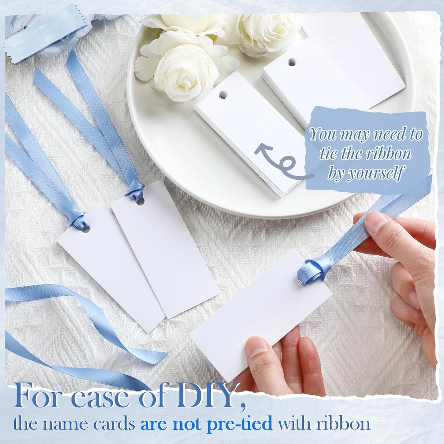 50 Pcs Name Place Cards for Table Setting Blank Wedding Place Cards with Satin Ribbon 1.57 x 3.54 Inch Hanging Gift Tags for Wedding Dinner Banquet Party Table Setting Supplies(Blue)