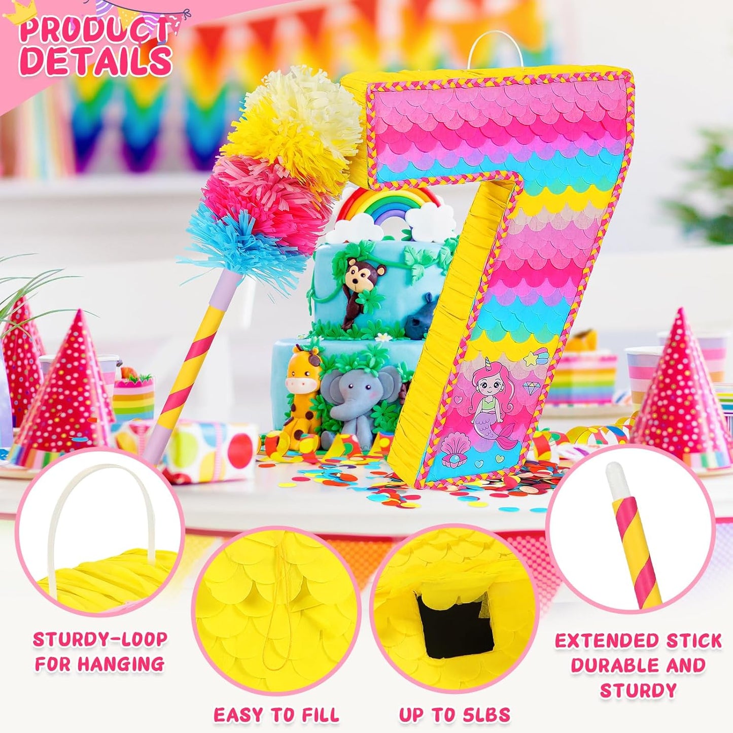 Number 7 Pinata for Birthday Party Decorations, Unicorn Mermaid Theme Pink Piñata Games Toy (7th)
