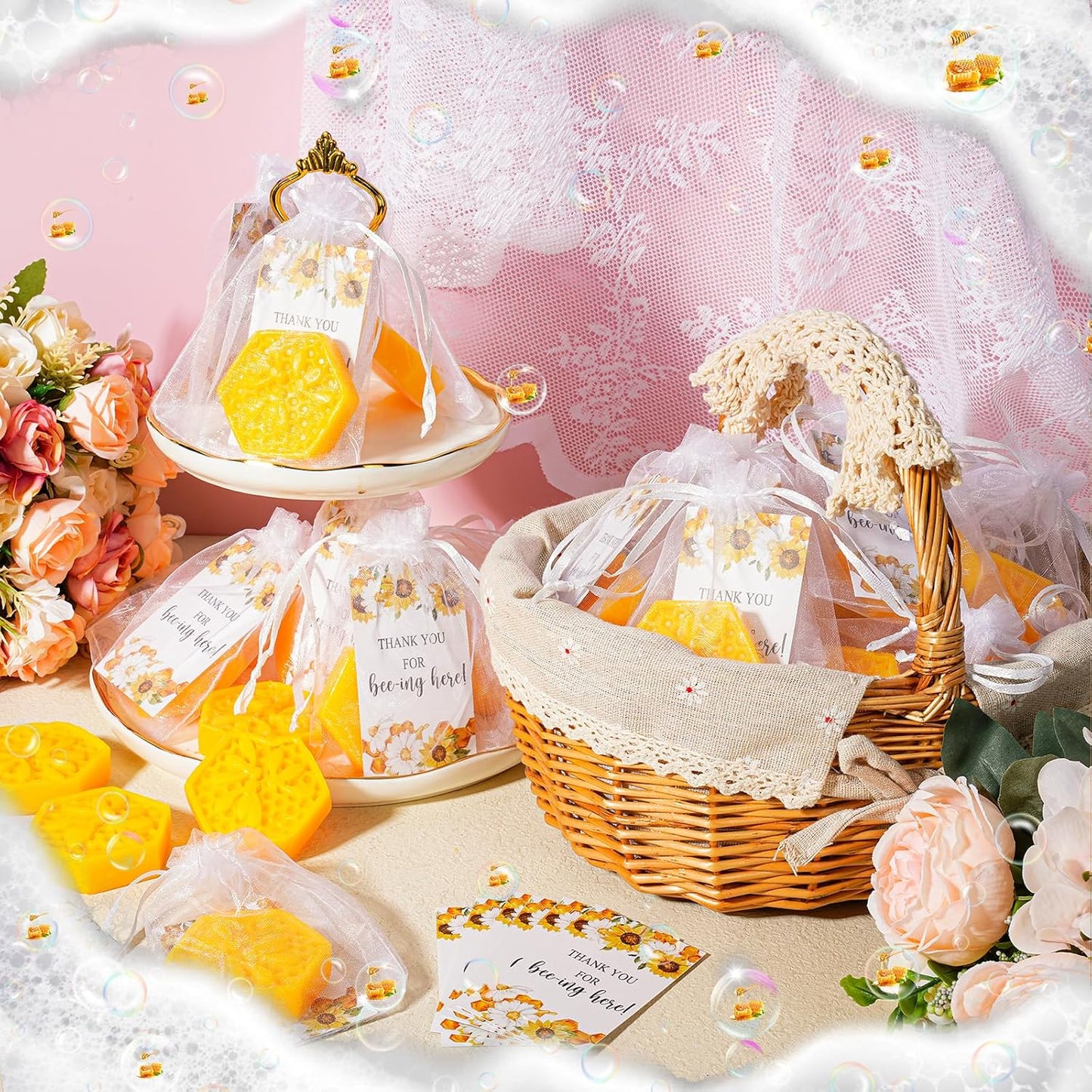 Demissle 50 Set Bee Themed Baby Shower Favors Including Honeycomb Soap with Thank You Card Gift Bags Honey Soap Gift for Guest Gender Reveal Party Decorations Baby Shower Game Prizes