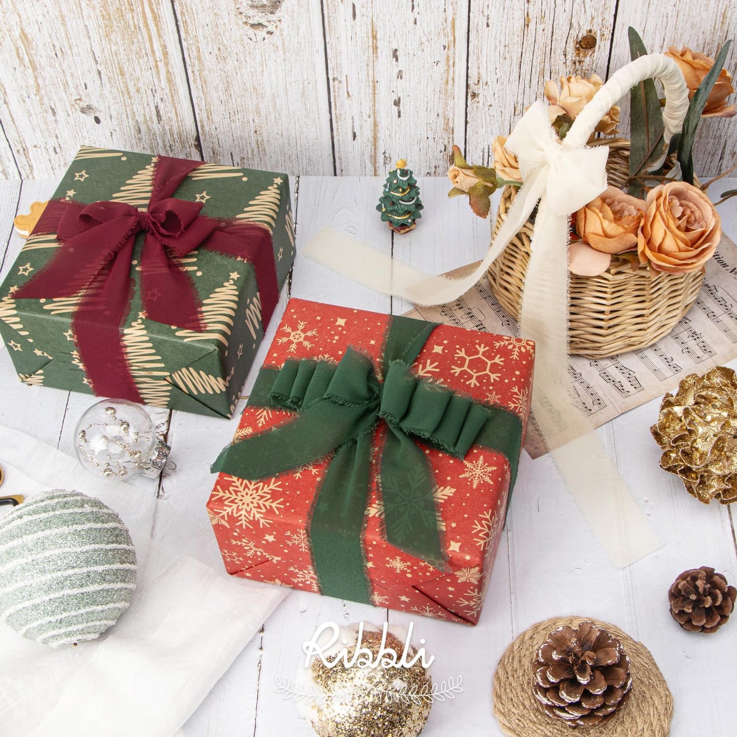 Ribbli Red Cream Green Christmas Ribbon 1.5 Inch x 3 Rolls Total 30 Yards Handmade Fringe Chiffon Silk Ribbon for Gift Wrapping DIY Crafts Home Decor