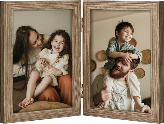 decorUhome Double 5x7 Picture Frame Vertical, Engineered Wood Bifold Photo Frame with Plexiglass for Tabletop Display, 5x7, Oak