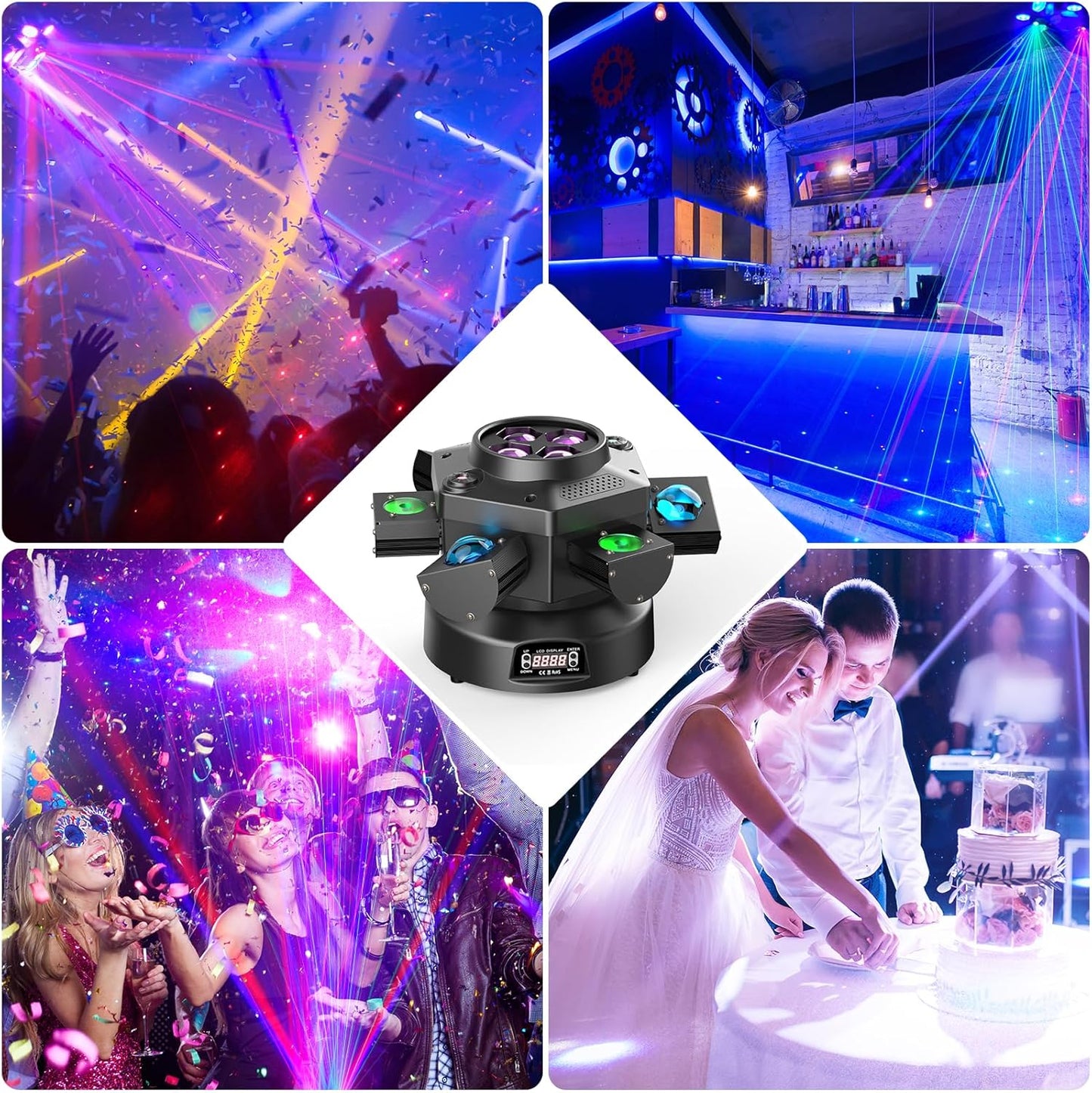 Moving Head DJ Lights, 150W RGBW LED Moving Head Light with Mixed Lighting Effects, 6 Arms Party Lights Support DMX-512 & Sound Activated, Stage Lights for Party Disco KTV Wedding Club