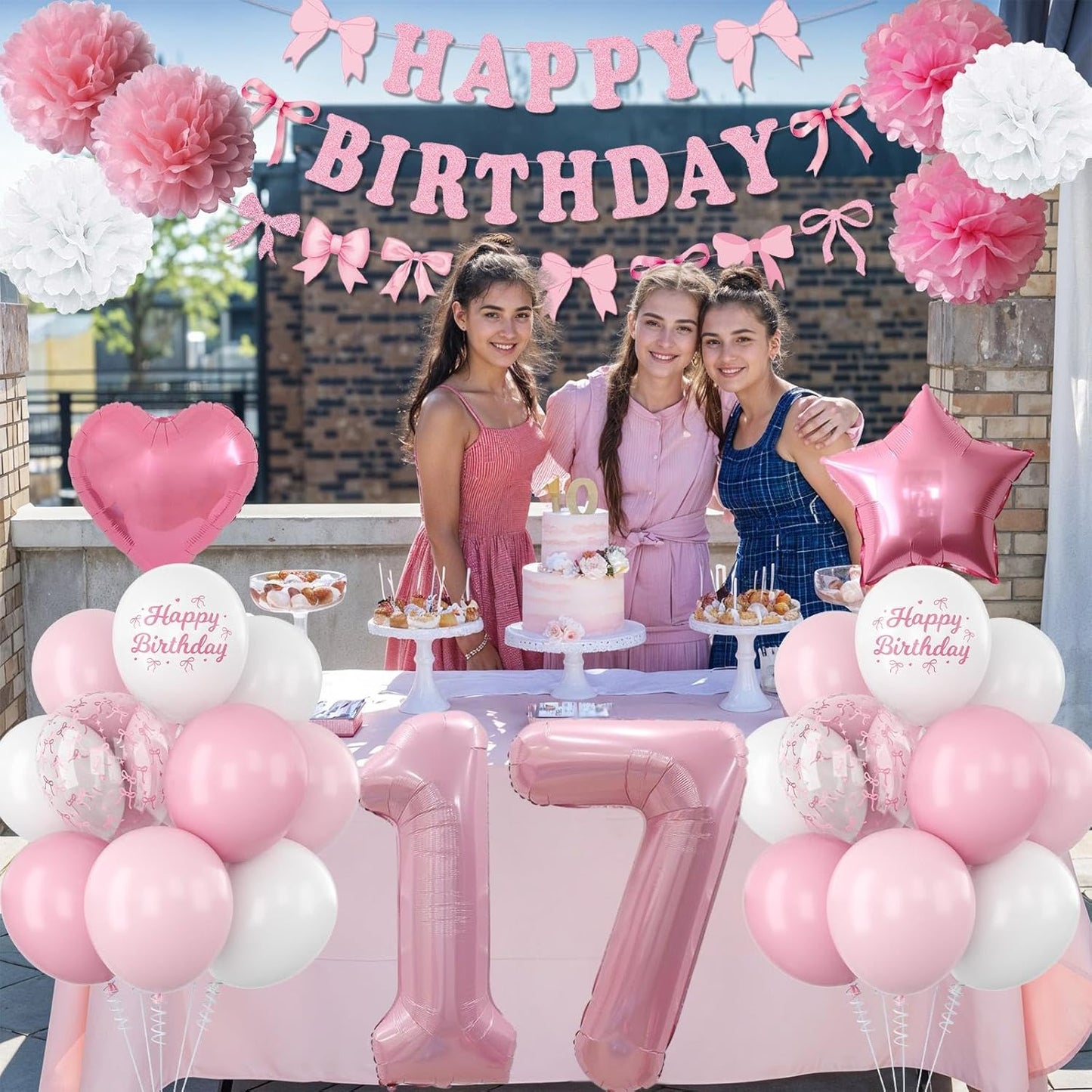 17th Birthday Decorations for Girls Pink Number 17 Balloon Bow Coquette Happy Birthday Banner Fringe Curtain Paper Pom Poms Star Heart Foil Pink White Balloons 17 Year Old Party Decor for Her