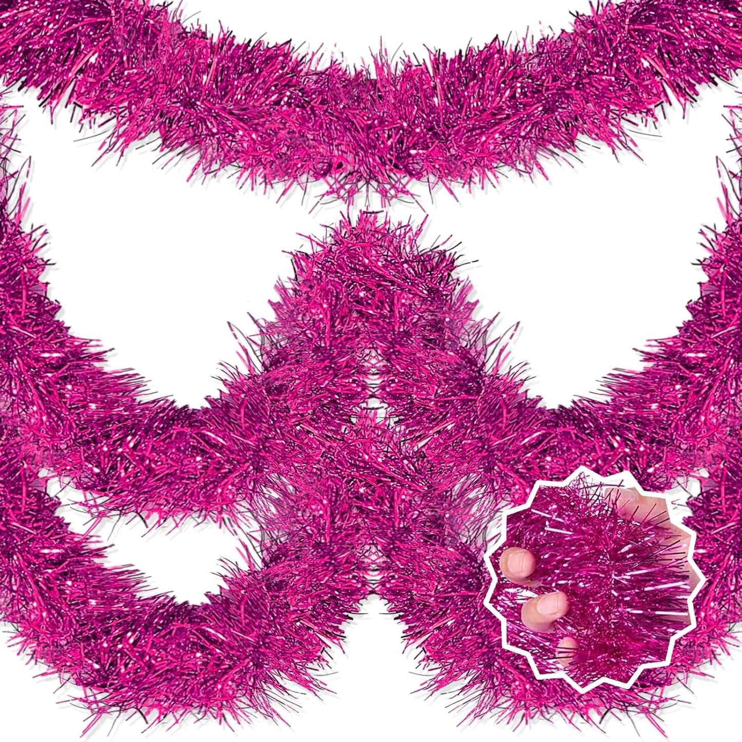 25 Feet Fuchsia Christmas Tinsel Garland, Metallic Foil Twist Banner Wall Hanging Tinsel Streamers Backdrop for Parade Floats, Christmas, Mother's Day, Birthday Party Decorations(4in x 25ft)