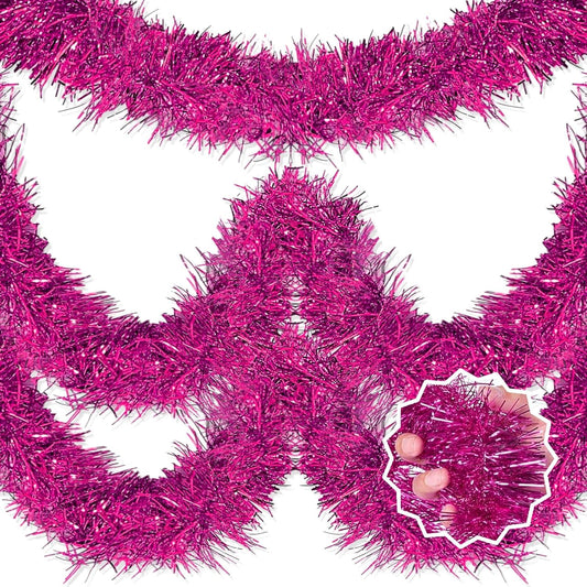 50 Feet Fuchsia Christmas Tinsel Garland, Metallic Foil Twist Banner Wall Hanging Tinsel Streamers Backdrop for Parade Floats, Christmas, Mother's Day, Birthday Party Decorations(2in x 50ft)