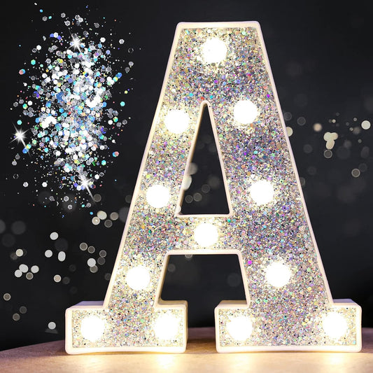Pooqla Light Up Letters, LED Marquee Letters for Silver Birthday Decorations, Battery Powered Night Light Teenager Girl Room Decor, Gift for Girls Boys Wedding Bedroom Christmas Party Decor, Letter A