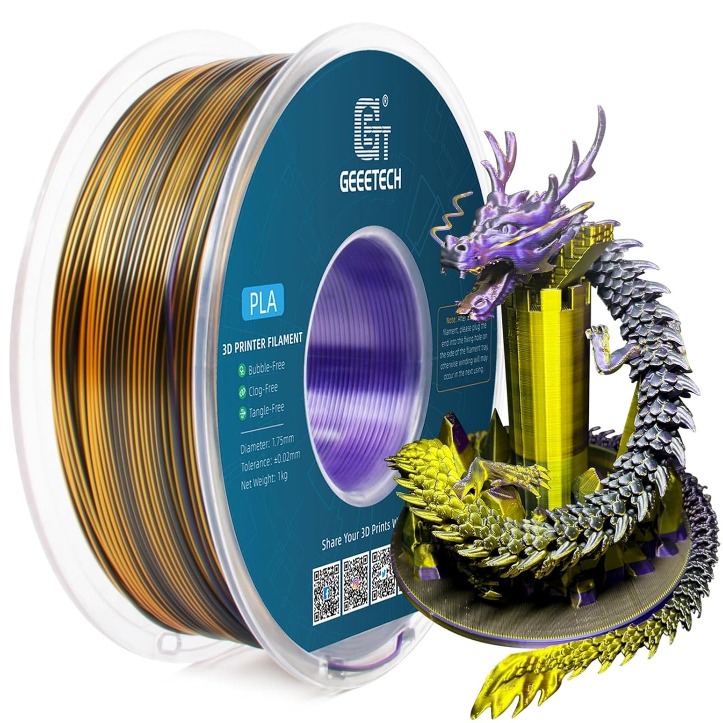 Geeetech Silk PLA Tri Color Filament 1.75mm 3D Printer Filament, Coextrusion Purple Gold Black Tri-Colors Metal-Like Shiny Silk PLA Filament, 1kg (2.2lbs) 1 Spool, Dimensional Accuracy +/- 0.02 mm