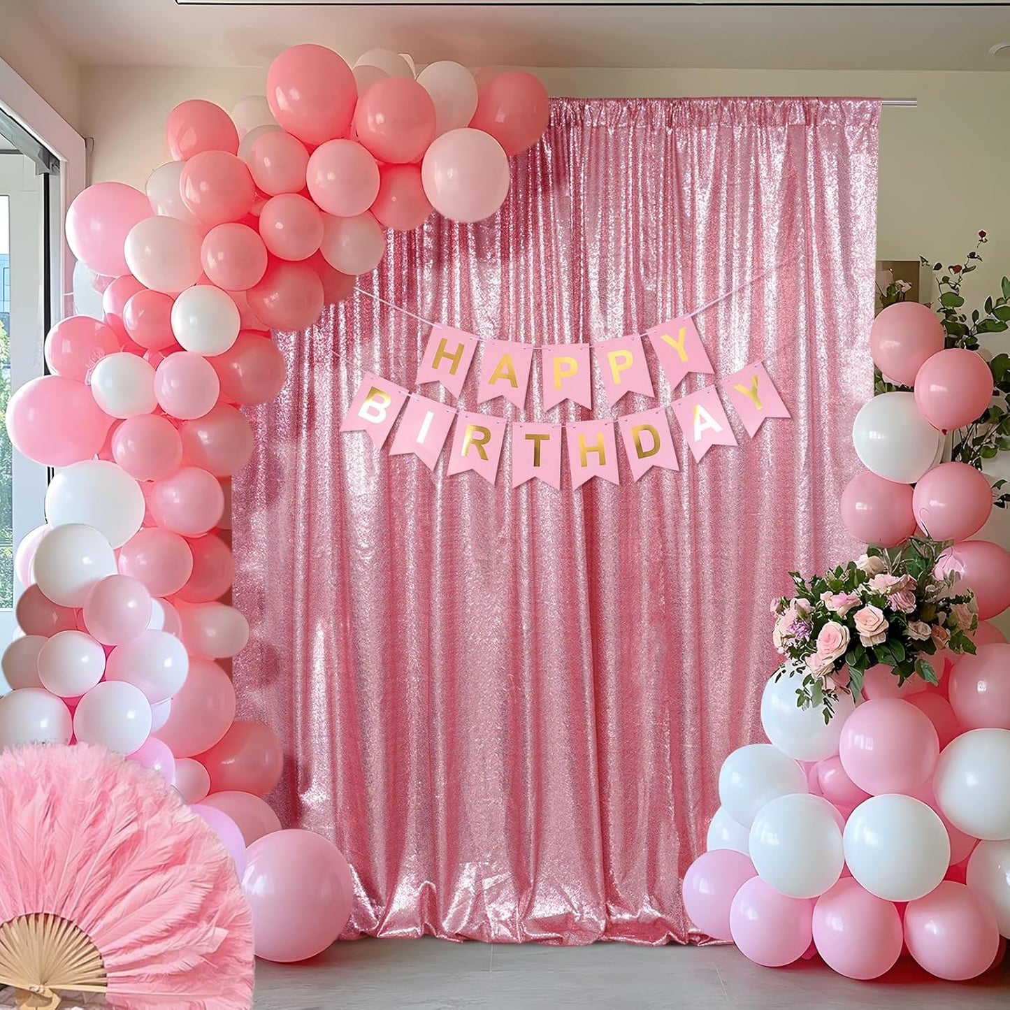 SquarePie Sequin Backdrop Curtain Not See Through Thick Glitter Background for Party 7FT x 7FT Fuchsia Pink