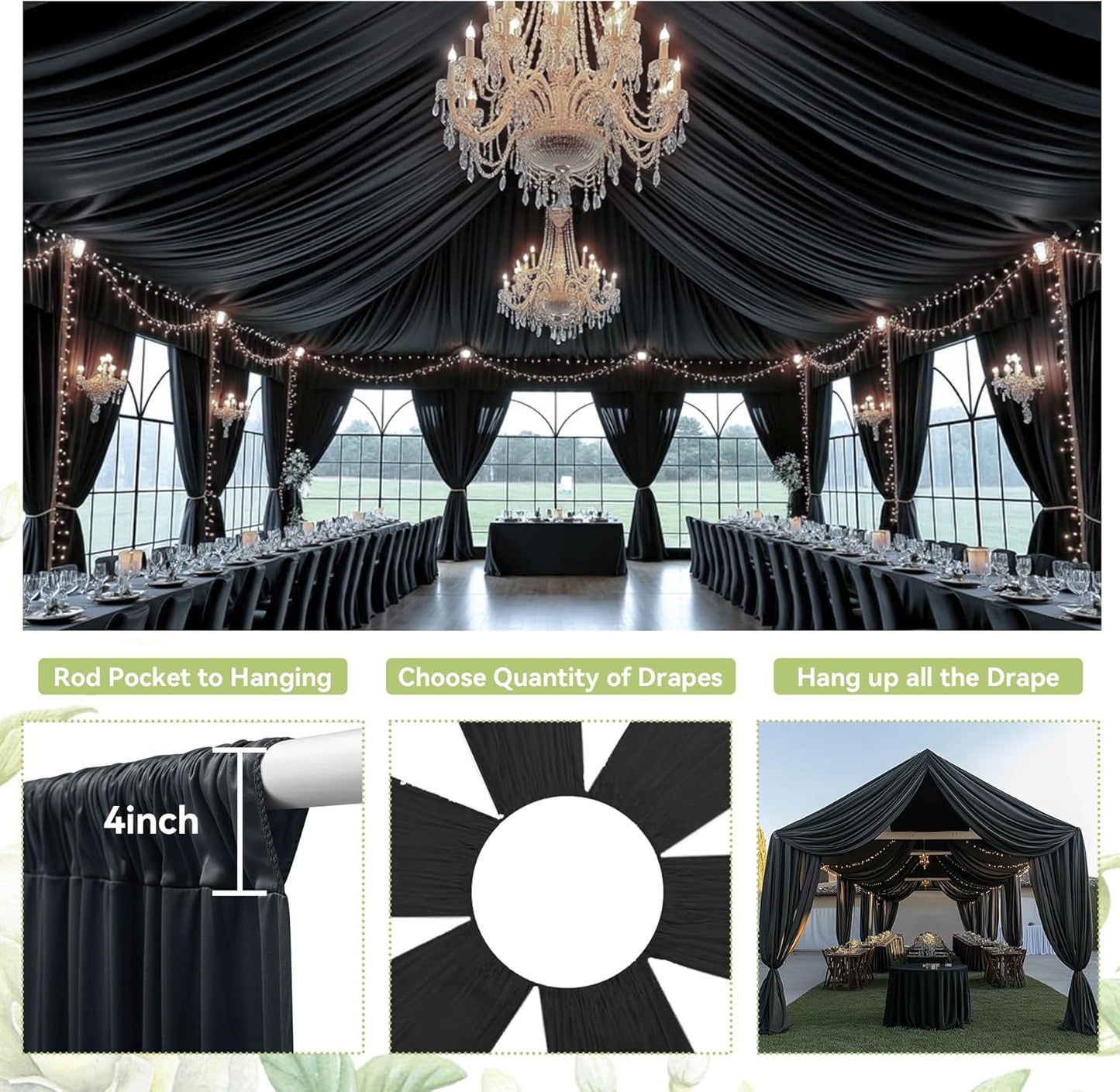 PartyVillage 8 Panels 5ftx30ft Black Ceiling Drapes for Halloween Parties – 30 FT Extra Long Thick Polyester Wrinkle-Free Drapery Tent Decor Decorations for Birthday Party Ceremony Stage Swag