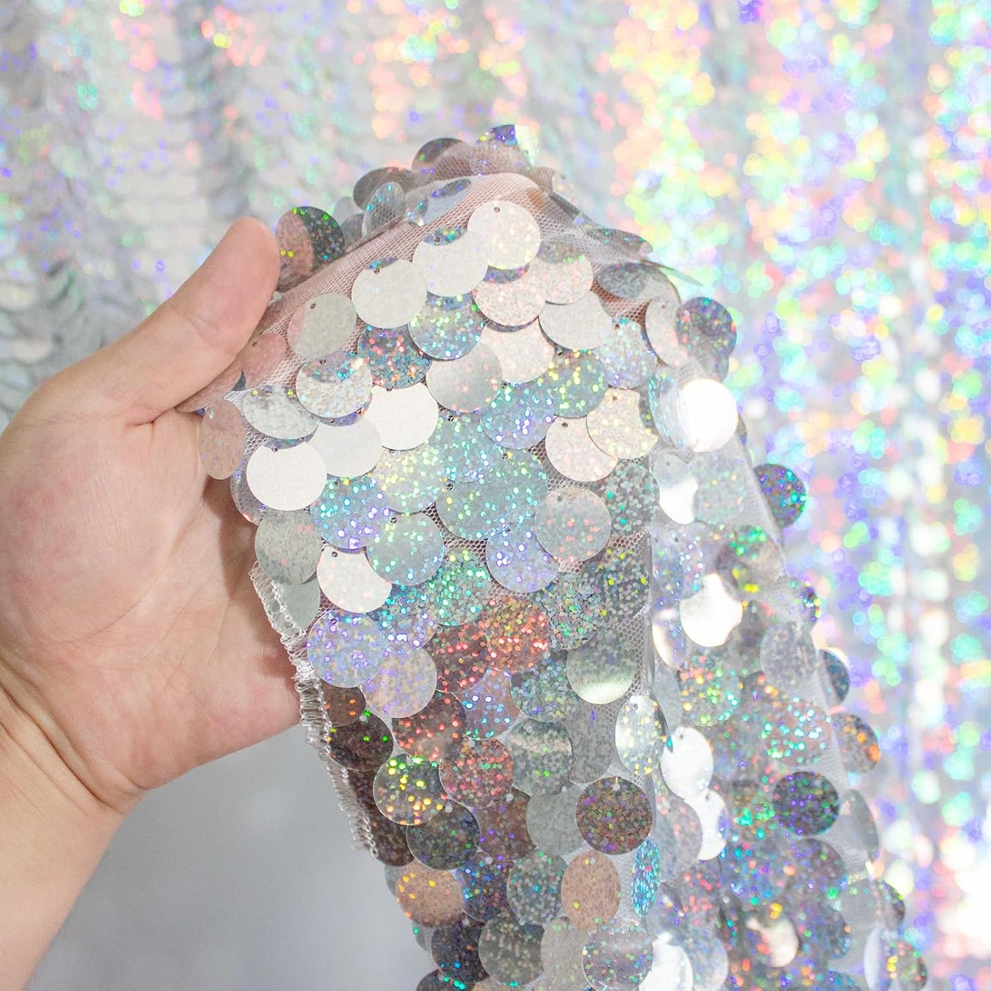 JYFLZQ Iridescent Silver Payette Sequin Backdrop Curtains 8ft x 8ft 1 Panel Glitter Thick Shimmer Backdrop Background Photo Booth Backdrops for Parties