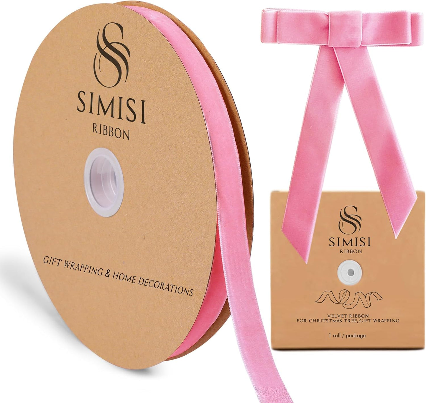 Pink Velvet Ribbon 5/8'' 25 Yards for Christmas Tree, Gift Wrapping, Flower Bouquet, Wreath Decorations, Bow Making