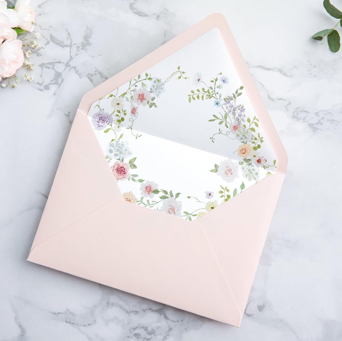 PONATIA 50PCS A7 Euro Flap Envelopes, 5.25 x 7.25'' Blush Pink Flowers Liner Envelopes for 5x7 Wedding Invitations, Photos, Postcards, Greeting Cards, Christmas Gift Cards, Acrylic Mailing