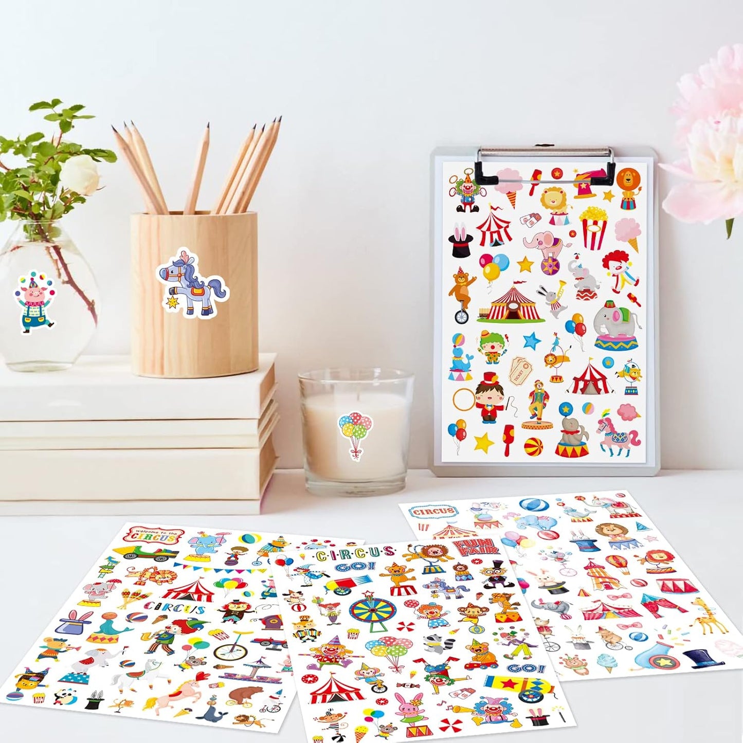 Cute Carnival Circus Stickers 820 Count Party Goodie Gifts Bags Decor Red White Elephant Clown Adhesive Stickers for Kids Girls Boys Birthday Invitations Art Craft Decor School Game Class Rewards