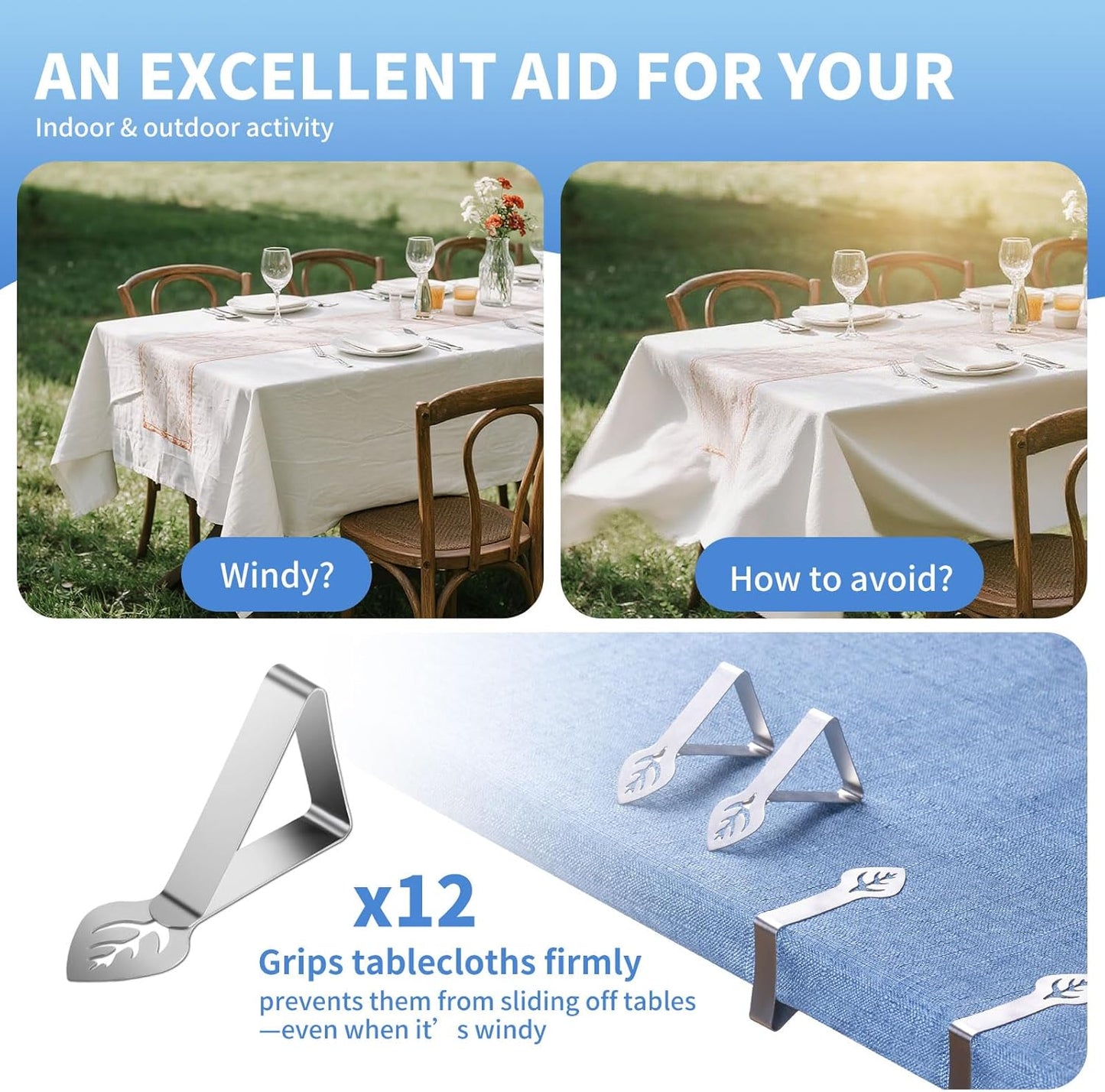 Tablecloth Clips 12 Pack, Heavy Duty Stainless Steel Picnic Table Cloth Holder Clips, Windproof Tablecloth Clips for Outdoor Tables, Perfect for Restaurant Parties, Weddings, Camping