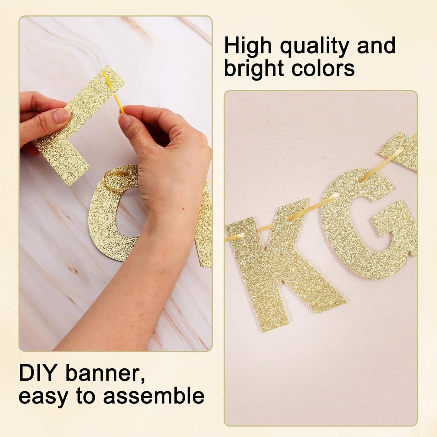 BEISHIDA 116 PCS A-Z Glitter Champagne DIY Letter Banner Kit Make Your Own Banner，Including 111 Letters and Numbers 3 Rope and 2 Threading Device,Customized for Birthday Graduation Wedding Party Decor