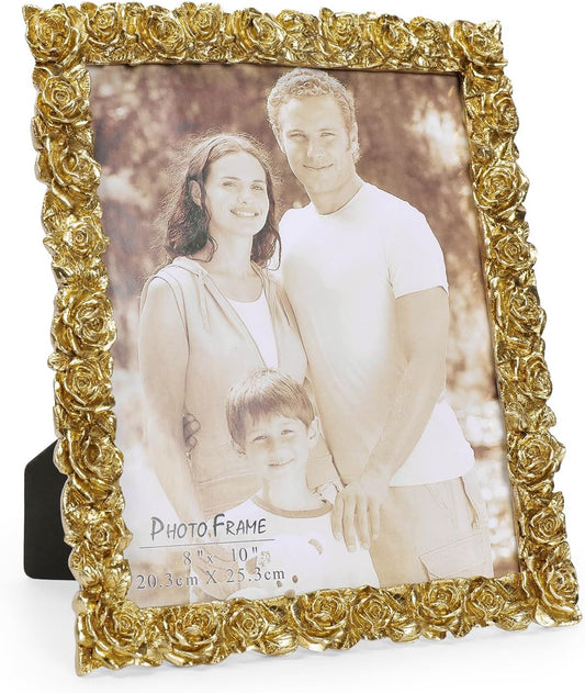 Cuspin 8x10 Picture Frame Vintage, Gold Ornate Rose Flower Resin Photo Frame with Glass Front for Tabletop, Antique Picture Frames for Home Decor