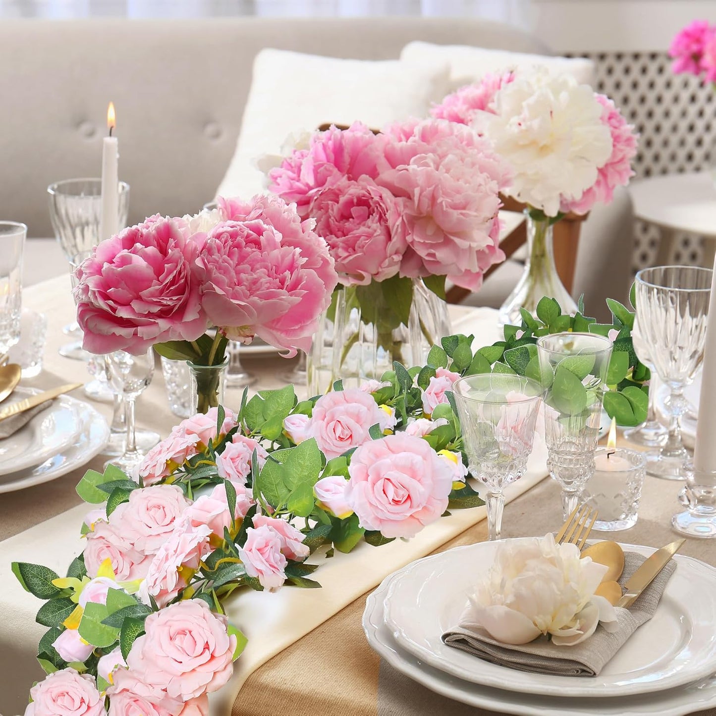 Sggvecsy 6Pcs 46.5Ft Artificial Rose Vine Fake Flower Garland Floral Garland Faux Silk Hanging Vine Rose Ivy Vines for Wedding Arch Party Wall Garden Ceremony Background Outdoor Decor (Pink)