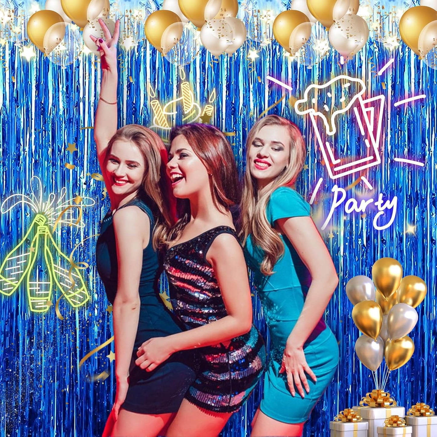 2 Pack 3.28 ft x 6.56 ft Blue Tinsel Curtain Party Backdrop Decorations, Metallic Foil Fringe Backdrop Door for Halloween, Christmas, Birthday Graduatio