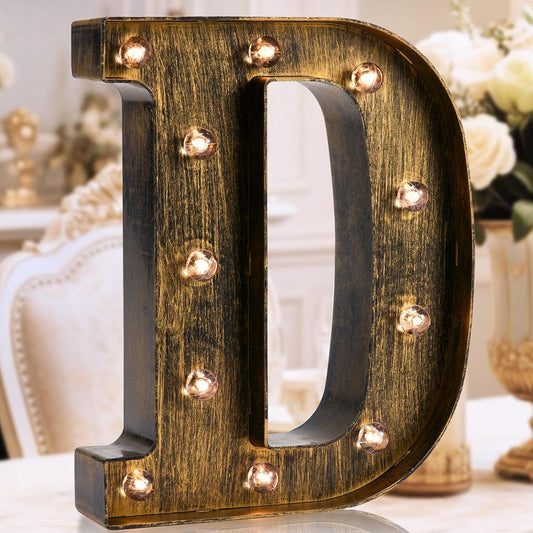 OYCBUZO Golden Black Led Marquee Letter - Industrial, Vintage Style Light Up Alphabet Letter Sign for Cafe Wedding Birthday Party Christmas Lamp Home Bar Initials Decor - D