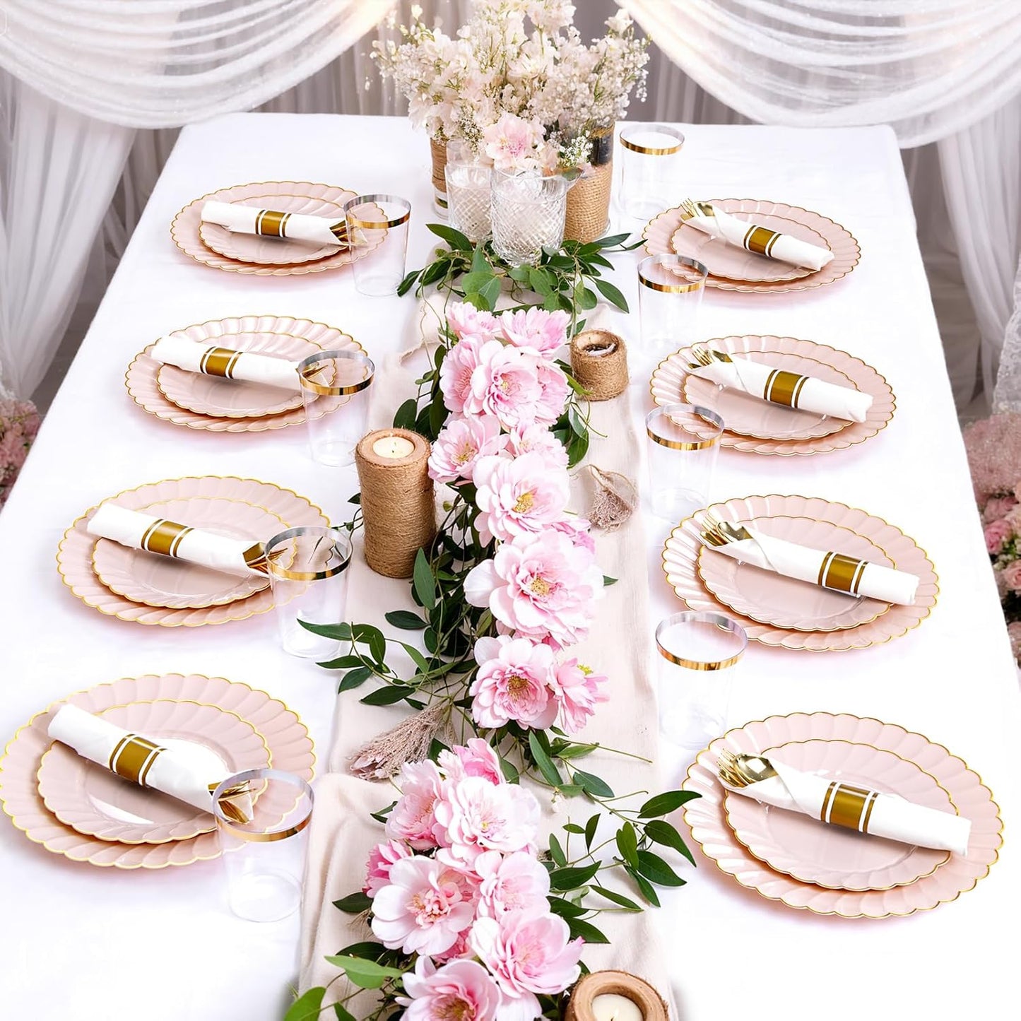 YOUBET 350PCS Pink Scalloped Plastic Plates - Pink and Gold Disposable Dinnerware Set Include 100 Plates, 150 Gold Silverware, 50 Cups, 50 Napkins for Wedding & Party