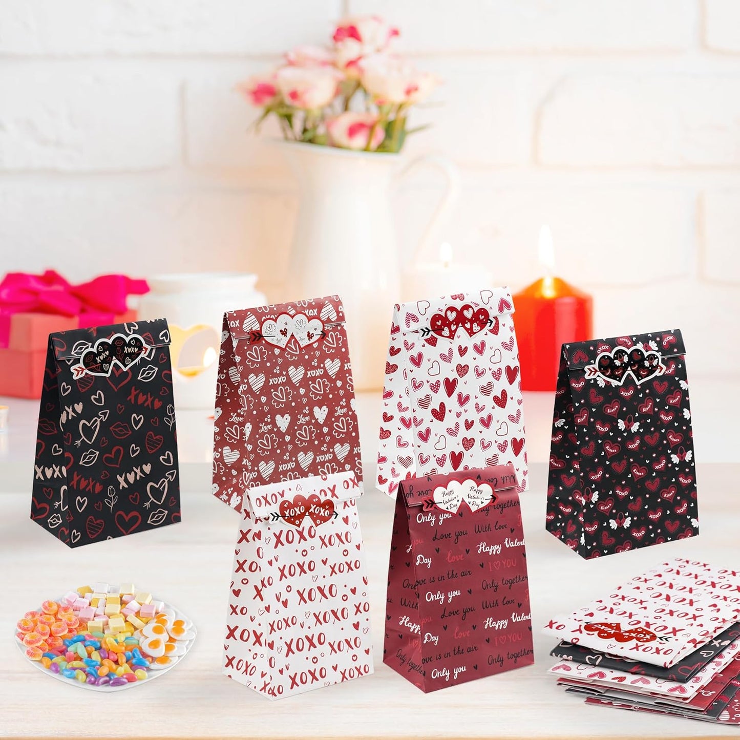 Valentines Bags - 24 PCS Valentines Gift Bags for Class School,Valentine Treat Bags with Stickers - Valentine Goodie Bags for Kids | Valentine's Day Gifts for Kids - Valentine's Decorations Party Favors