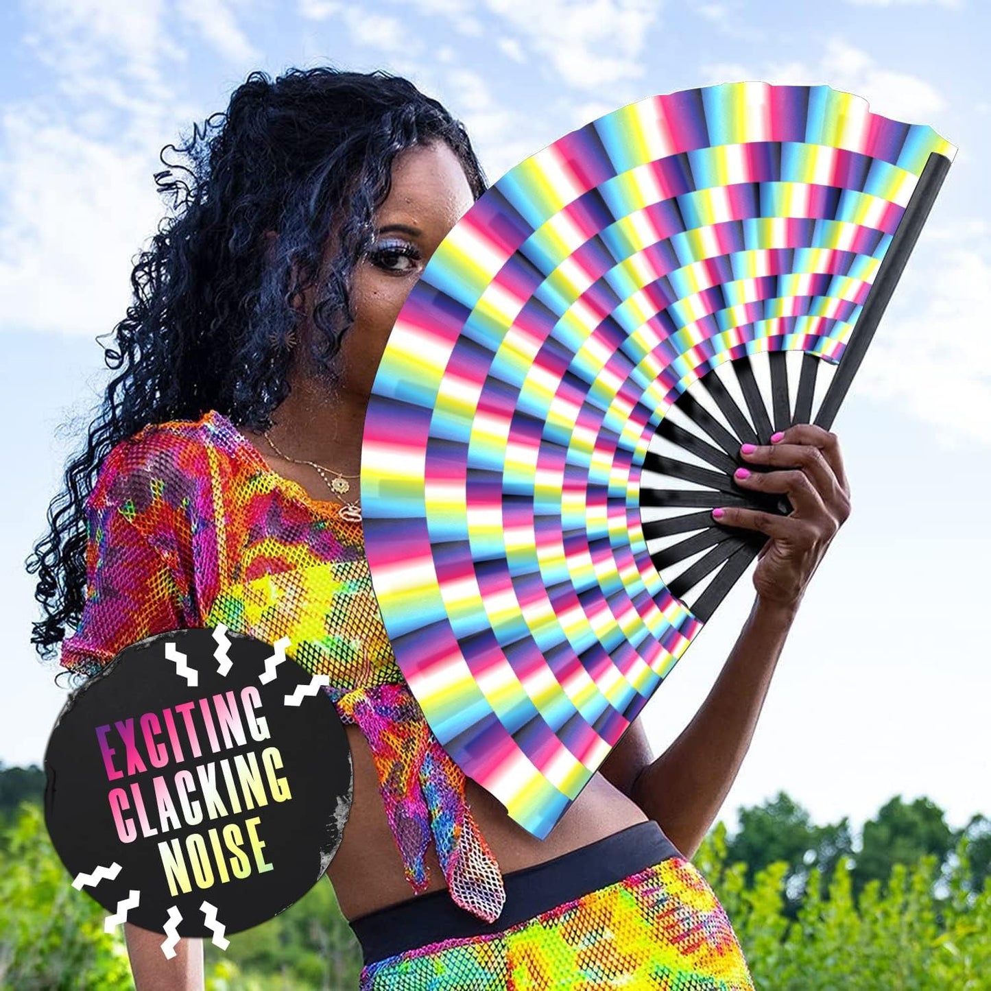 GloFX Folding Fan - Trippy - Large Rave Clack Folding Hand Fan for Men/Women - for EDM, Music Festival, Club, Event, Party, Dance, Performance, Decoration, Gift