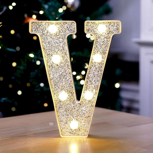 Marquee Light Up Letters, Glitter Silver LED Letter Lights Battery Powered Alphabet Letter Sign for Night Light Wedding Birthday Party Cafe Bar Decoration Girls Room Decor - V