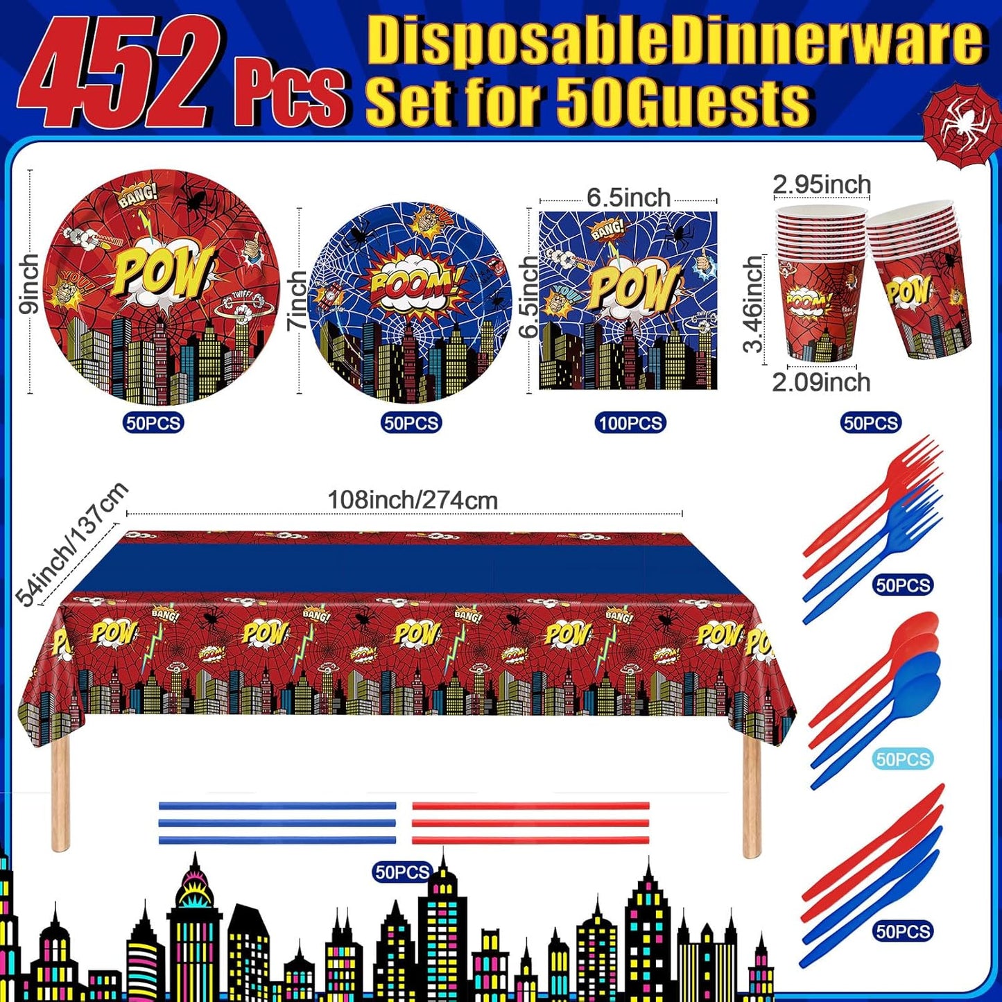 452 Pcs Spider Themed Birthday Party Supplies for 50 Guests, Hero Theme Paper Plates Napkins Cups Tablecloth Cutlery Straws Tableware for Red Blue Halloween Birthday Party Decorations