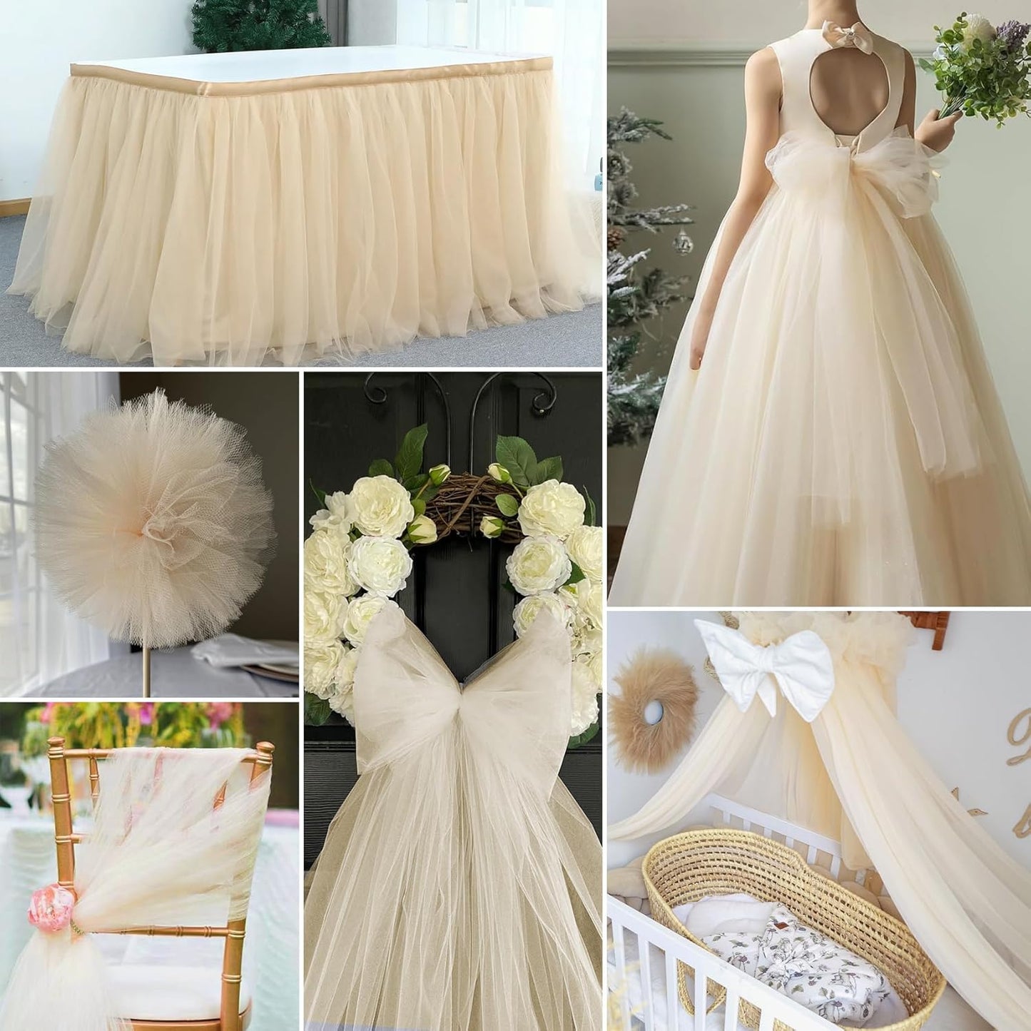 Honey Beige Tulle Fabric Rolls 54 Inch by 40 Yards Tulle Bolt Spool for Wedding Decorations DIY Tutu Baby Shower Table Skirt Ceiling Decor Birthday Party Craft Supplies