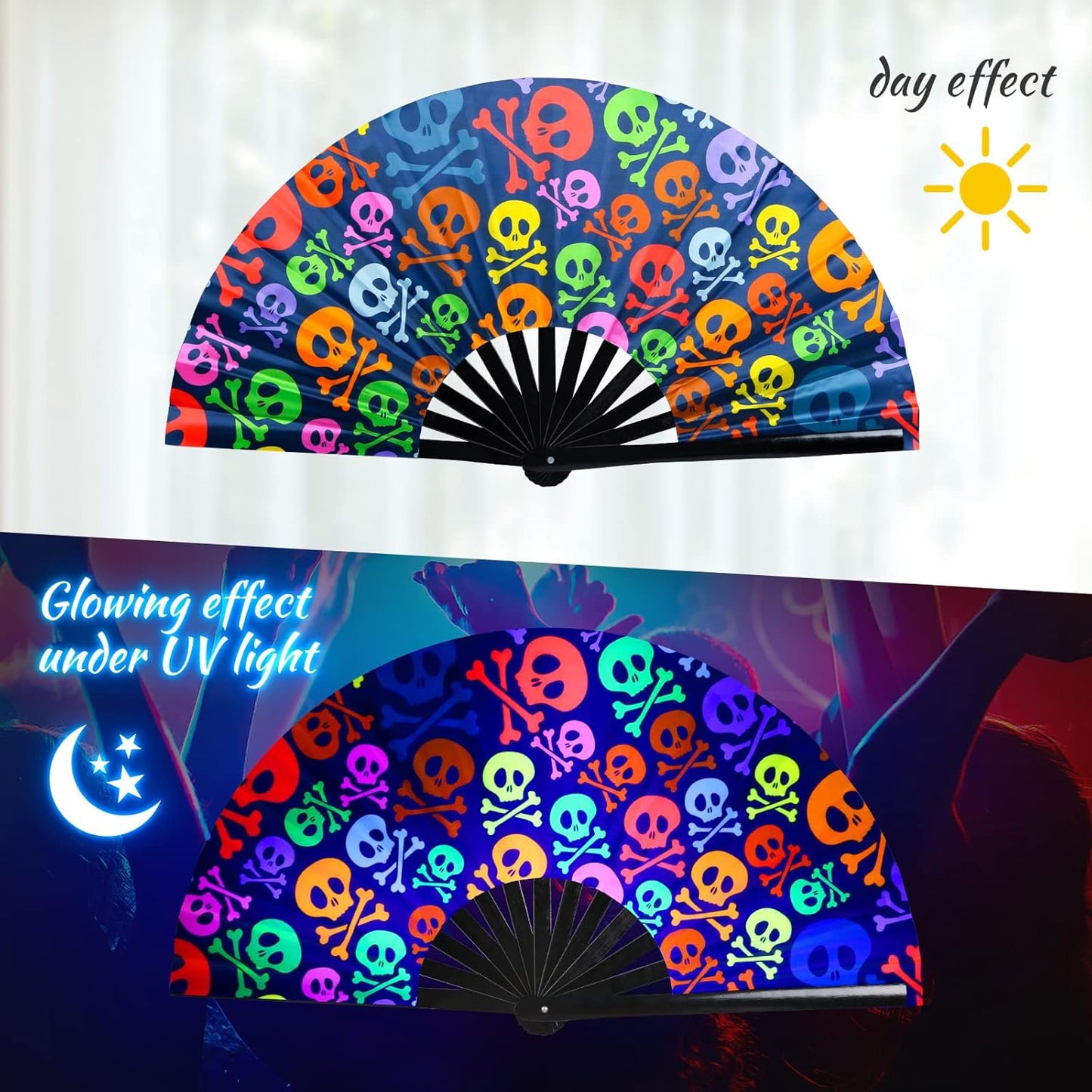 SYNTECSO Folding Hand Fan for Rave, UV Glow Fan, Large Bamboo Fan for Drag Queen, Women and Men Gift，Chinese Japanese Clack Fan for Parties, Music Festivals, EDM and Decoration