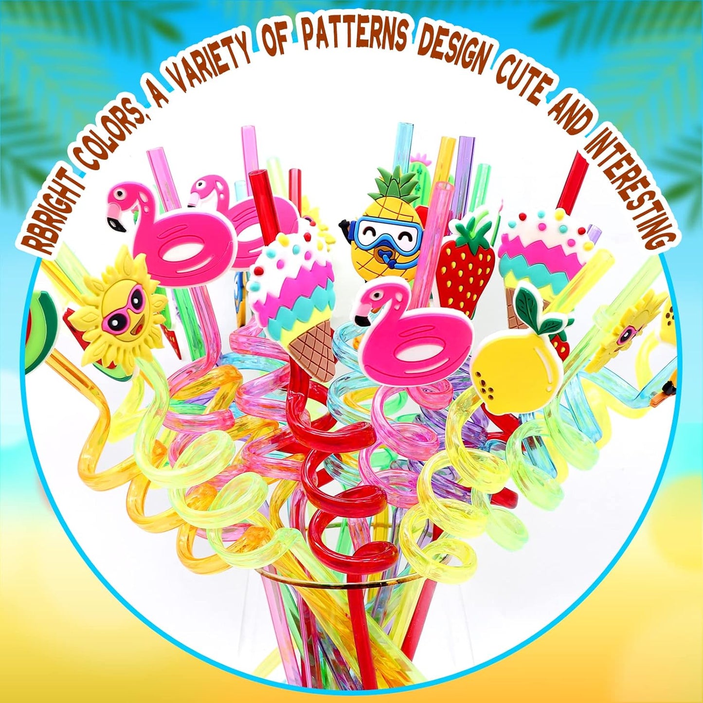 Summer Reusable Drinking Straws 24 Packs Pool Party Decorations Beach Fruit Party Favors Hawaiian Tropical Straws Goodie Bag Gifts for Birthday Party Supplies with 2 Cleaning Brushes