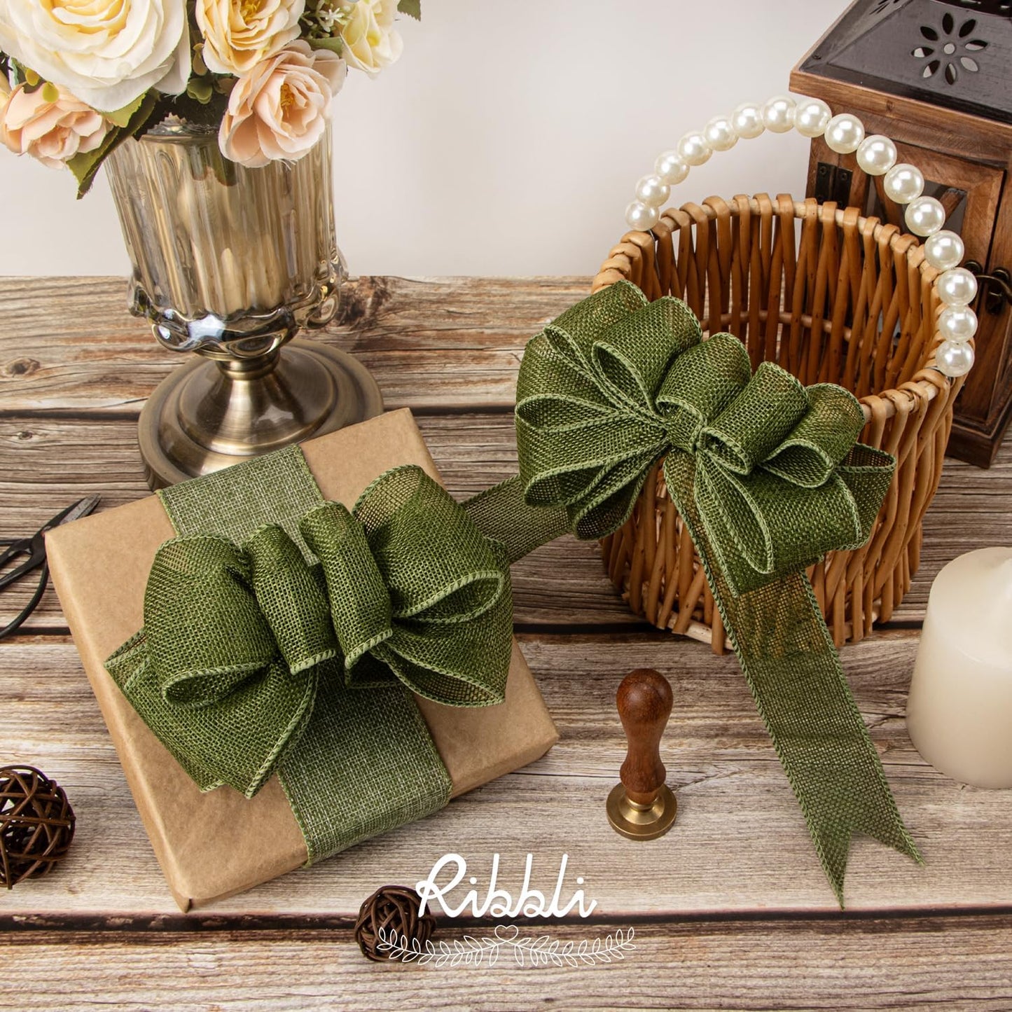 Ribbli Dark Moss Burlap Wired Ribbon,1-1/2 Inch x 10 Yard, Wired Edge Ribbon for Big Bow,Wreath,Tree Decoration,Outdoor Decoration